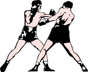 Cartoon depiction of two boxers fighting in the olden days.